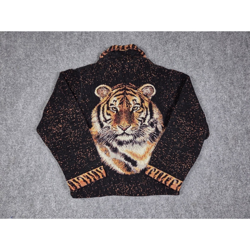 Vintage 90s Sugar Street Weavers Tiger Tapestry Cardigan Jacket Chenille USA M/L - Picture 9 of 9